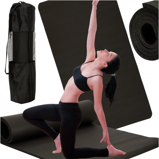Debela fitnes in joga podloga 185 × 83 × 1,5 cm črna z etuijem