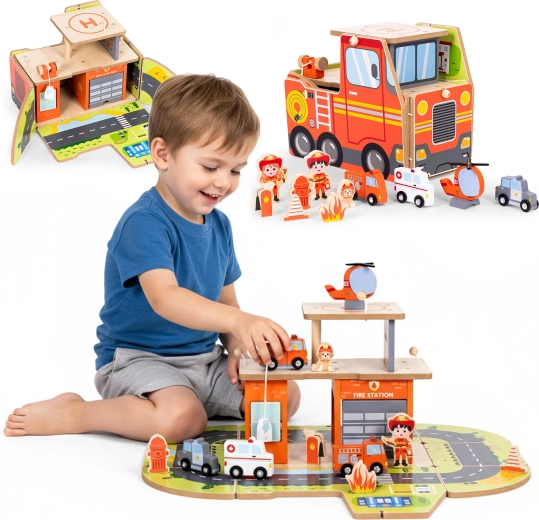 Wooden Fire Station 2-in-1 – foldable garage and vehicle with 2 floors and accessories ECOTOYS