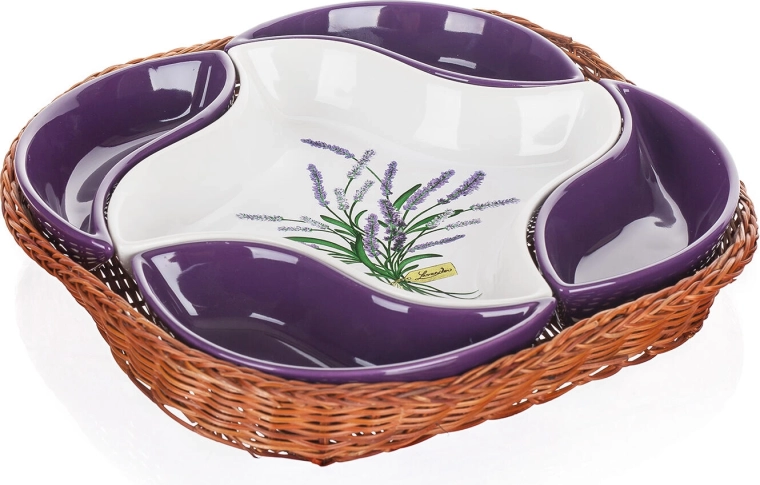 Set keramičnih skled LAVENDER v pletenem košarju, 5 kosov (28 × 28 cm)