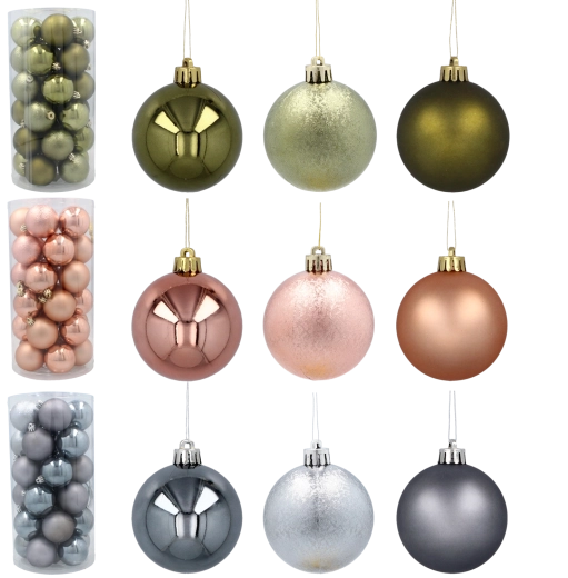 Komplet 30 božičnih krogel 6 cm – olivna, bakrena in grafitna