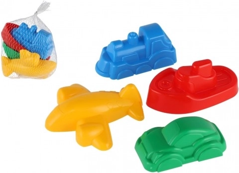 Plastični modelčki za pesek – prevozna sredstva, 4 kosi v mrežici (12m+)