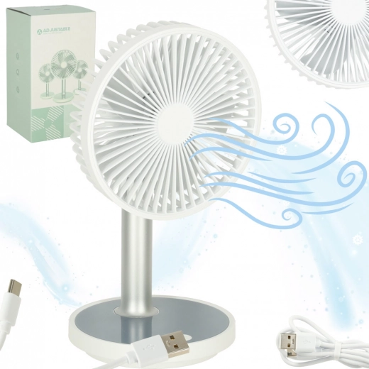 Brezžični namizni USB ventilator z baterijo, 4 hitrosti in LED, bel