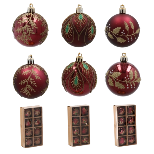 Set burgundskih božičnih krogel 6 cm z zlatim listnim vzorcem – 8 kos