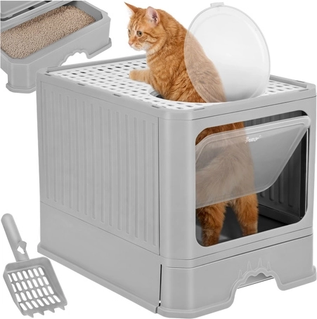 Zaprta mačja straniščna škatla z izvlečnim predalom in lopatko Purlov 50 × 36 × 38 cm