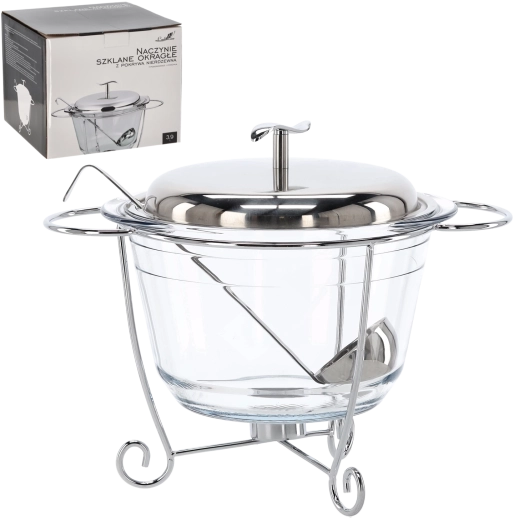 Steklena grelna skleda 3,9 l z nerjavno pokrovko, podstavkom in zajemalko