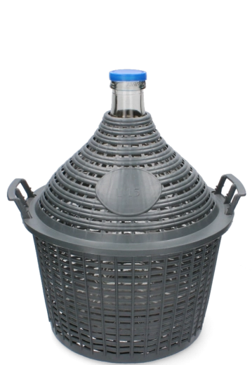 Steklen demižon 15 l z ozkim vratom v plastični košari