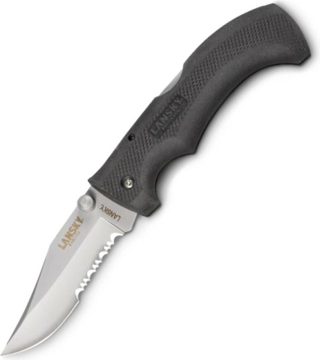 Lansky Easy Grip univerzalni žepni nož z delno nazobčanim rezilom, črn