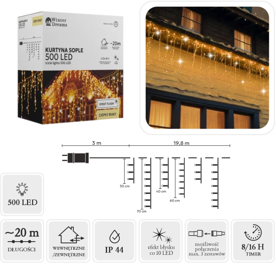 LED Icicle Light Curtain 500 LEDs, Warm White with Cool White Flash Effect, 20 m
