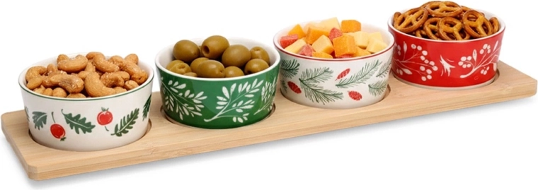 Porcelanaste skodelice za predjedi na bambusovem pladnju, komplet 5 kos