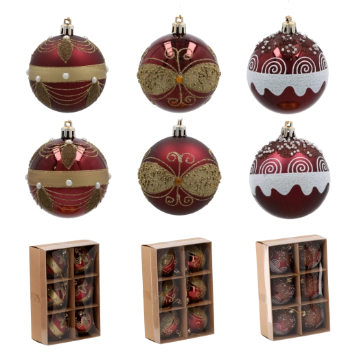 Komplet božičnih okraskov burgundsko rdečih 7 cm – 6 kosov, nelomljivi z biserčki in zlatimi detajli