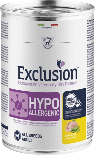 Exclusion konzerva za pse Hypoallergenic Quail & Pea 400 g