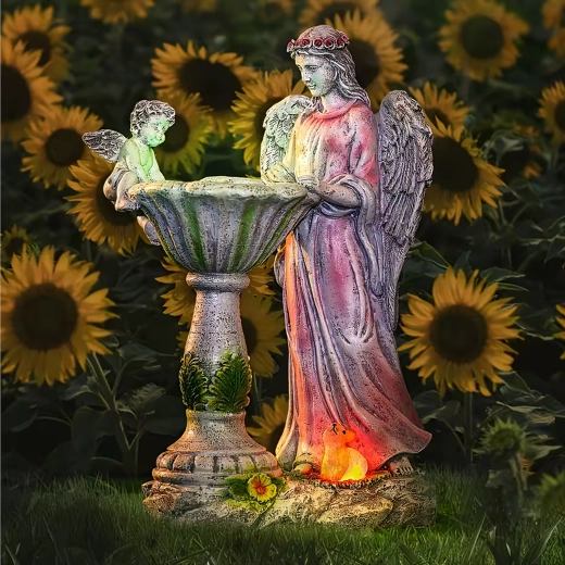 Solarni vrtni angel z ptičjo kopeljo in RGB LED osvetlitvijo