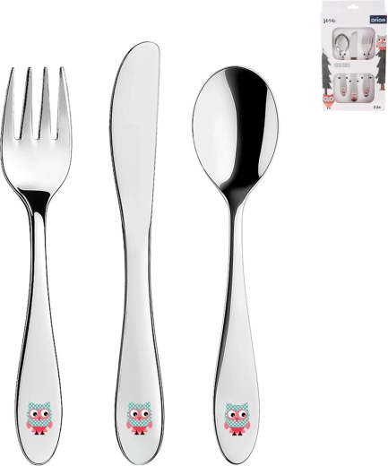 Children's stainless steel cutlery set with owl motif, 3-piece