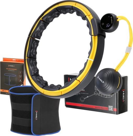 Komplet masažni hula hoop z utežjo HMS HHM21 in shujševalnim pasom BR1313 črno/rumen