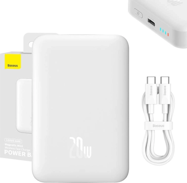 magnetna powerbanka Baseus 10000 mAh z brezžičnim polnjenjem in USB‑C 20 W, bela