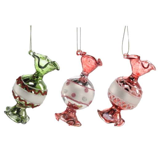 Stekleni božični okraski bonboni, komplet 6 kosov