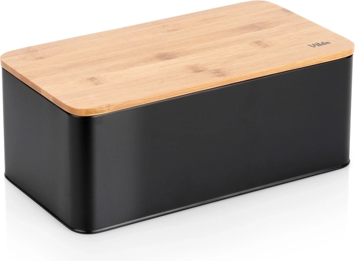 Kovinski zaboj za kruh z bambusovim pokrovom, črn 33 × 18 × 13 cm