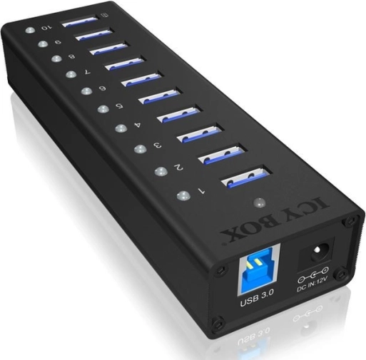 Icy Box aktivno 10‑vratno vozlišče USB 3.0 z aluminijastim ohišjem