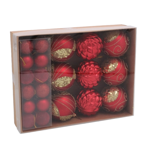 Set 33 božičnih okraskov v rdeči, srebrni in zlati barvi