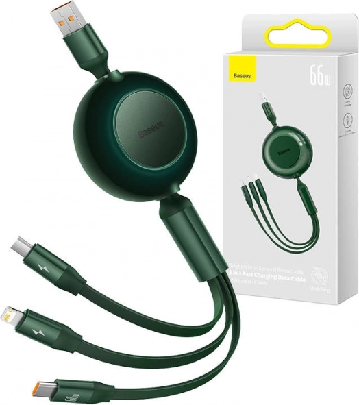 Baseus Bright Mirror 3 USB kabel 3 v 1 za micro USB, USB‑C in Lightning 66 W 1,1 m – Zelena