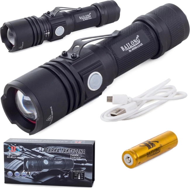 Taktična svetilka BAILONG CREE XM‑L T6 s zoomom, stransko lučjo in USB polnjenjem