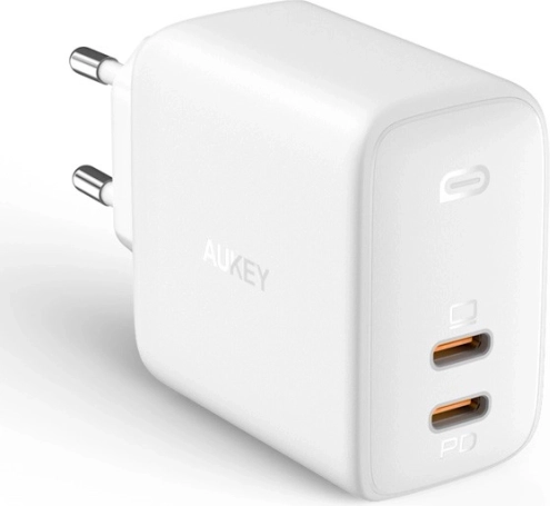 Omrežni polnilec AUKEY Omnia Duo PA-B4, 2× USB‑C, Power Delivery 3.0, GaN, 65 W, bel