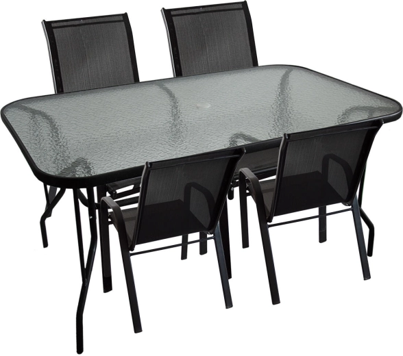 Vrtni jedilni set s stekleno mizo in 4 stoli, jeklo in tekstilen, črn