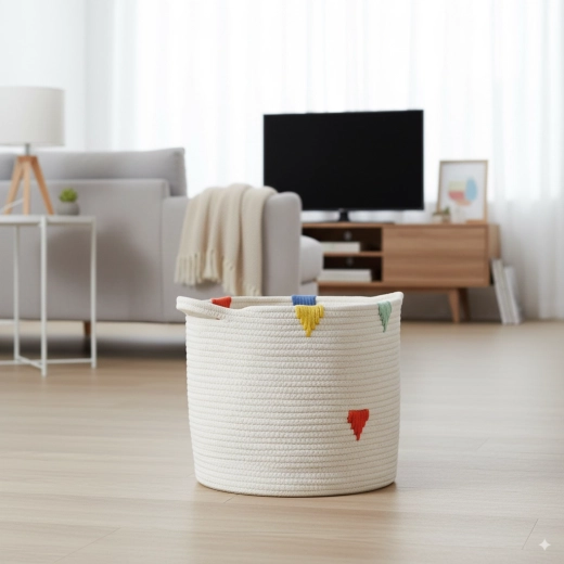 Okrogel tekstilni koš za perilo in igrače 27 × 24 cm – bel z barvnim vzorcem