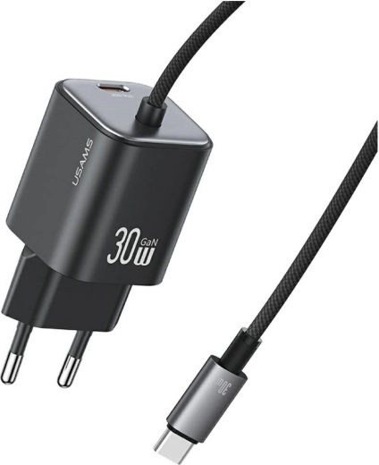 USAMS serija JC CC264 30 W GaN omrežni polnilnik z vgrajenim kablom USB‑C (črn)
