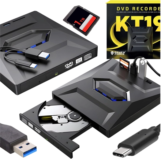 External CD/DVD Burner RENEW FORCE 5-in-1 with USB 3.0 and Card Reader
