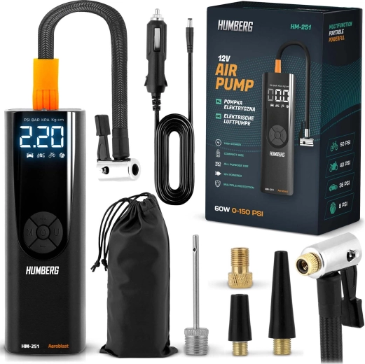 Električni mini kompresor HUMBERG HM-251 – prenosna digitalna avtomobilska črpalka z LED lučjo