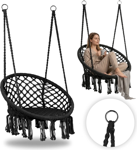 Viseči boho stol, črn, MultiGarden