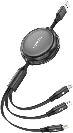 Foneng X113 3-v-1 izvlečni polnilni kabel 1,1 m črn