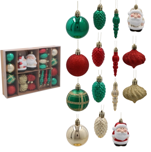 Komplet 24 božičnih okraskov v rdeči, zeleni in zlati