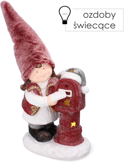 Christmas figurine of a girl in a pink hat with a letterbox and LED lighting, 45.5 cm