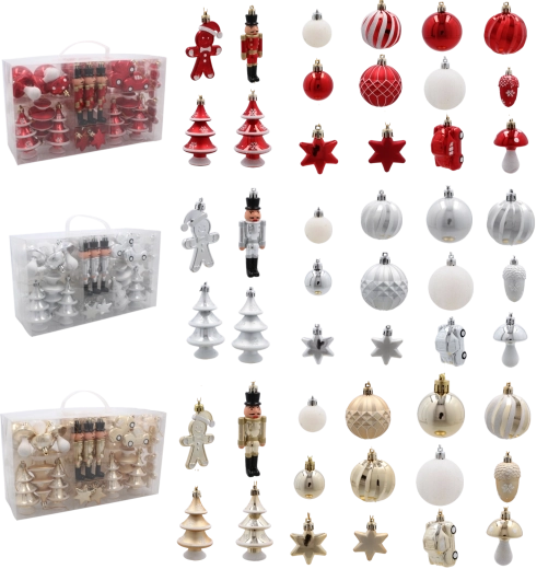 Komplet 50 božičnih okraskov v rdeči, srebrni in zlati barvi