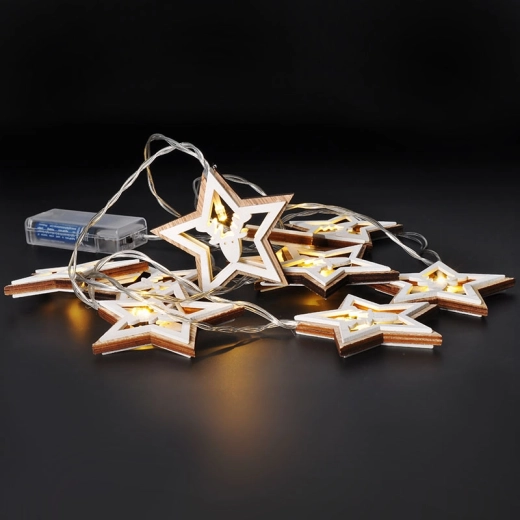 Solight LED Christmas light chain with wooden stars, 1.5 m, 10 LEDs, warm white