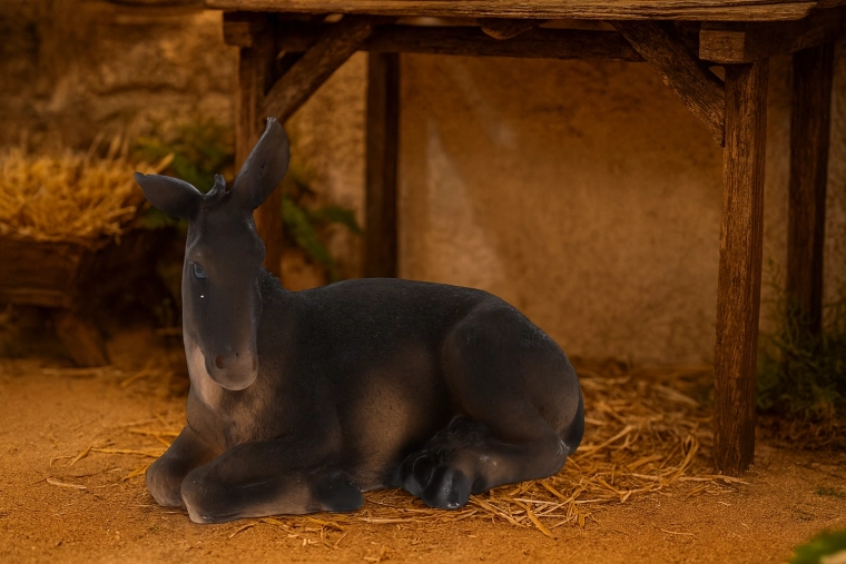 Figurica ležečega oslička iz poliresina za jaslice 14 × 26 × 21 cm