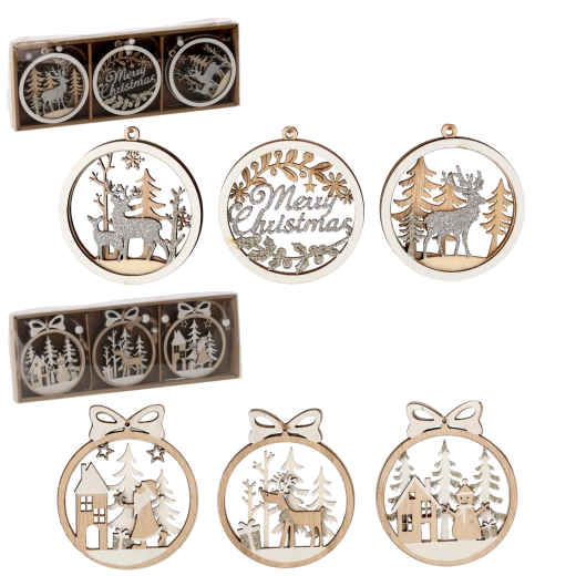 Set lesenih božičnih okraskov – 6 kosov