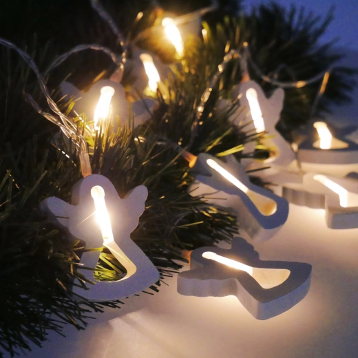 LED svetlobni venček leseni angelčki na baterije, 10 LED