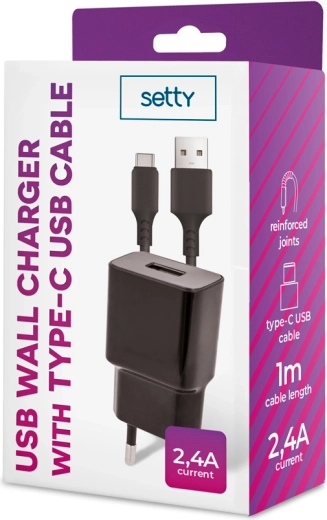 Setty omrežni polnilec 1× USB 2,4 A črn + USB‑C kabel 1 m