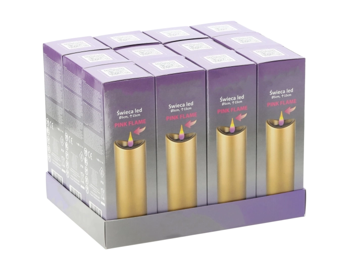 LED sveča 5 × 15 cm zlata z rožnatim plamenom, baterije priložene