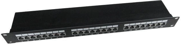 Patch panel 24 vrat 1U 19" Cat.5e z organizacijo kablov, črn