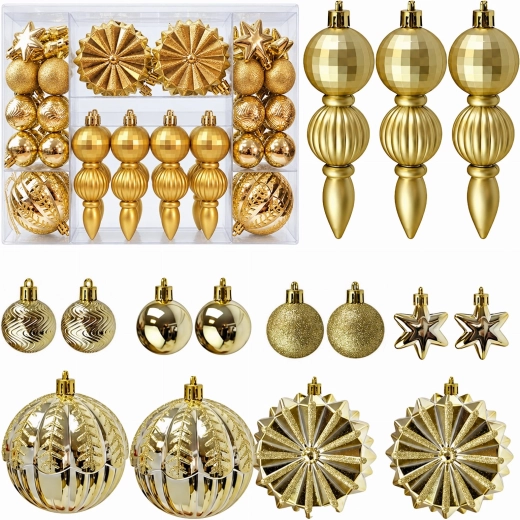Gold Christmas Tree Ornaments, Set of 52 Pieces