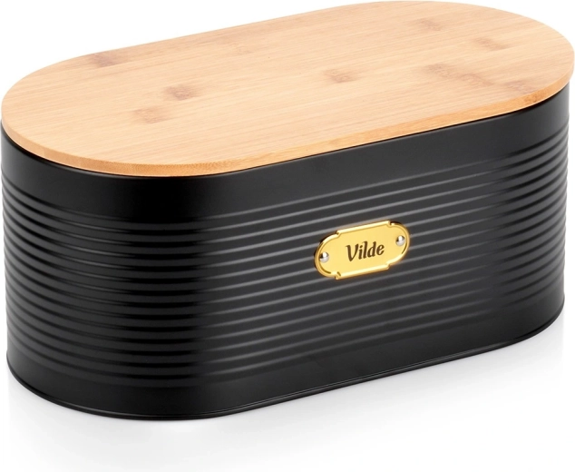 Kovinski zabojnik za kruh z bambusovim pokrovom, črn, 34 × 18,5 × 15 cm