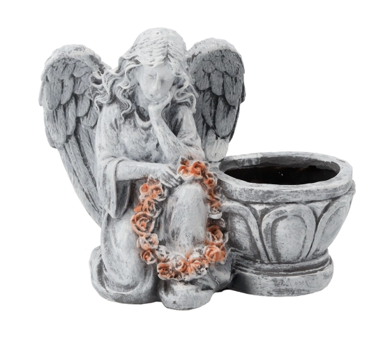 Figurica klečečega angela s cvetličnim lončkom, siva, 23,5 × 12,5 × 20 cm