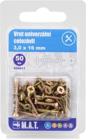 Universal full-thread screw 3.0 × 16 mm, zinc-plated, 50 pcs
