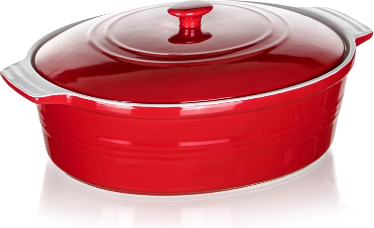 Keramični pekač z pokrovom CULINARIA, ovalni 36,5 × 25 cm, rdeč/bel