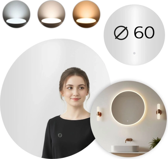 Okroglo kopalniško LED ogledalo 60 cm z nazdornim stikalom na dotik in 3 barvami svetlobe MODERNHOME