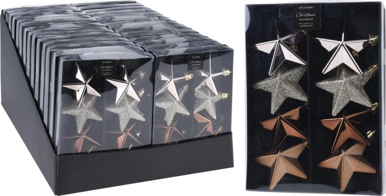 Božični okraski zvezda 6,5 cm – mešanica rjava, zlata, srebrna (8 kos)